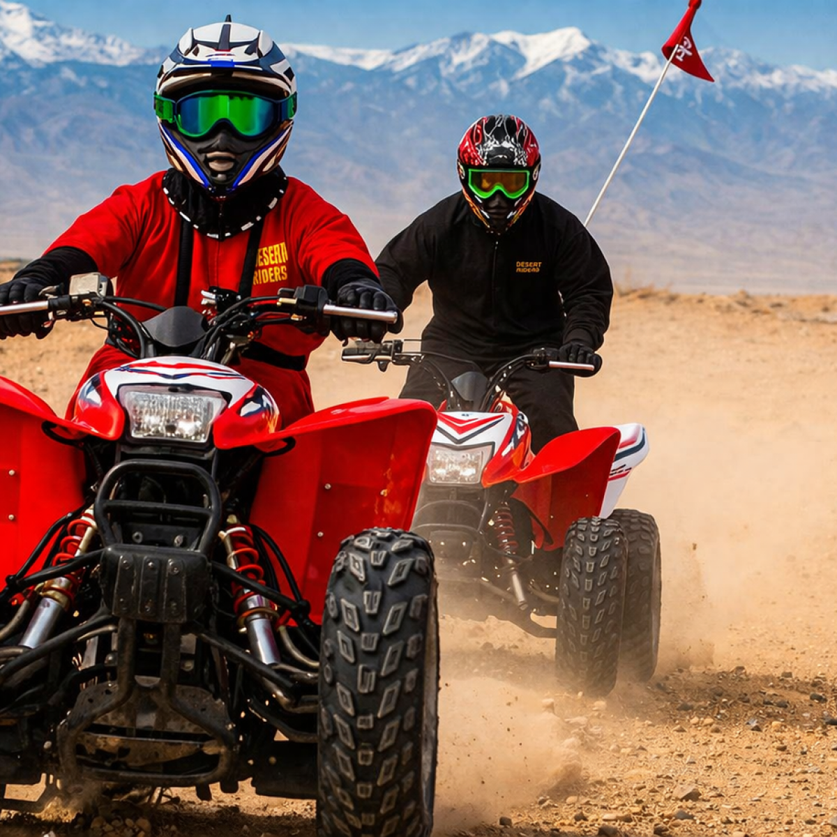 Two people ride red ATVs on a dusty desert trail with mountains in the background.